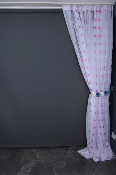 TERGAL FUŞYA KARELİ BEYAZ RENK TEK KANAT Hazır Dikilmiş Pileli Fon Perde 300*260 Cm - Resim 7