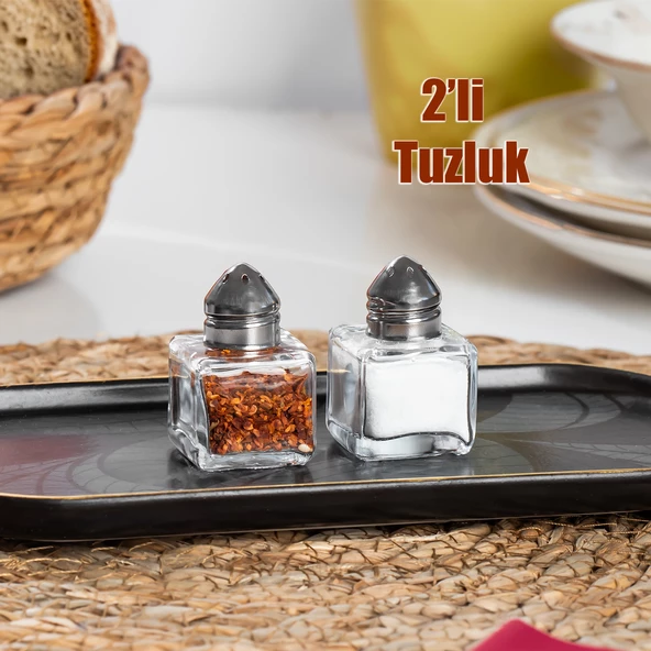 Porsima Cupe Mini Cam Tuzluk Ve Biberlik Seti 2'li  Metal Kapak Kare Tuzluk Seti Sofra Tuzluğu 4x3 cm