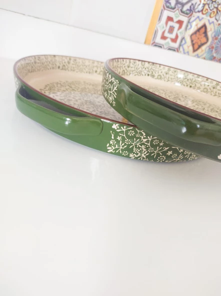 Seramik Yeşil Yuvarlak 2'li Fırın Kabı Fırın Tepsisi Büyük 38-30 Cm - 2