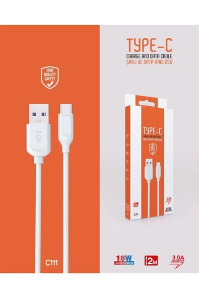 C111 Type-c Usb Girişli 18w 3.0a Hızlı Şarj Ve Data Kablosu 1 Metre