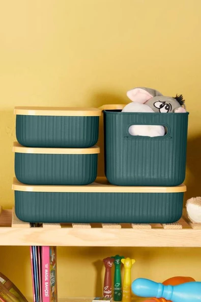 Çok Amaçlı Dolap İçi Düzenleyici Kapaklı Saklama Kutusu Takı, Makyaj, Banyo ve Mutfak Düzenleyici 4'lü Set Yeşil (3,2 lt 6,2 lt,6,8 lt) - Resim 2