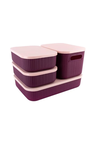Çok Amaçlı Dolap İçi Düzenleyici Kapaklı Saklama Kutusu Takı, Makyaj, Banyo ve Mutfak Düzenleyici 4'lü Set Mor (3,2 lt 6,2 lt 6,8 lt) - Resim 3