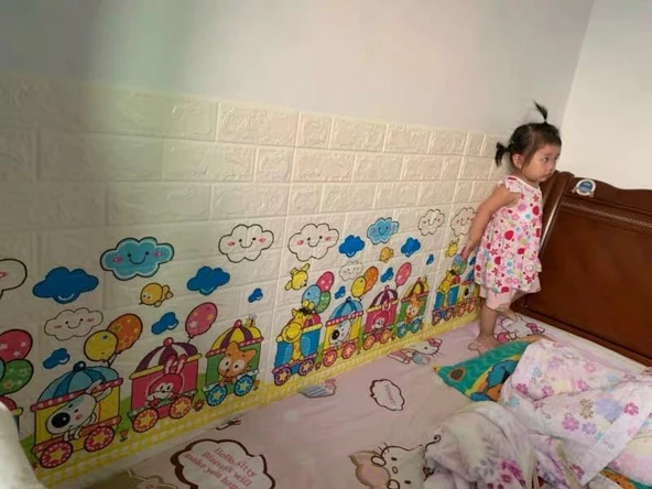 Renkli Duvarlar 70x77cm 1 Adet Tren Bulut Bebek Odası Kreş Kendinden Yapışkanlı 3D Dekoratif Duvar Paneli KağıdıNW30 - Resim 2