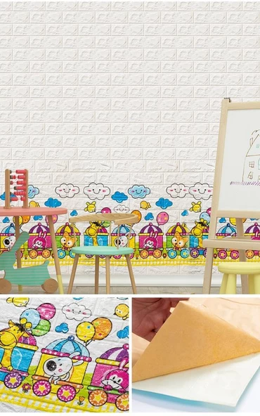 70x77cm 1 Adet Tren Bulut Bebek Odası Kreş Kendinden Yapışkanlı 3D Dekoratif Duvar Paneli KağıdıNW30