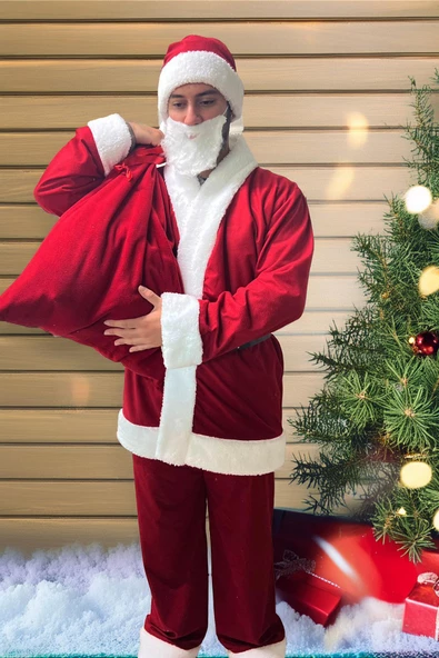 Noel BABA Kostümü, Lüks Rachel Kumaş 6 Parça SET - 3