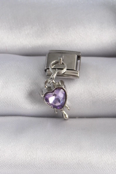 MuI MuI 316L Çelik Gümüş Renk Sallantı Mor Zirkon Taşlı Kalp Figür Nomination Charm