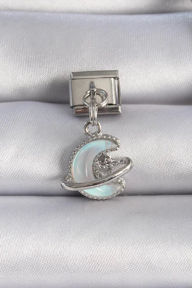 MuI MuI 316L Çelik Gümüş Renk Sallantılı Mavi Mineli Hilal Figür Zirkon Taş Detaylı Nomination Charm