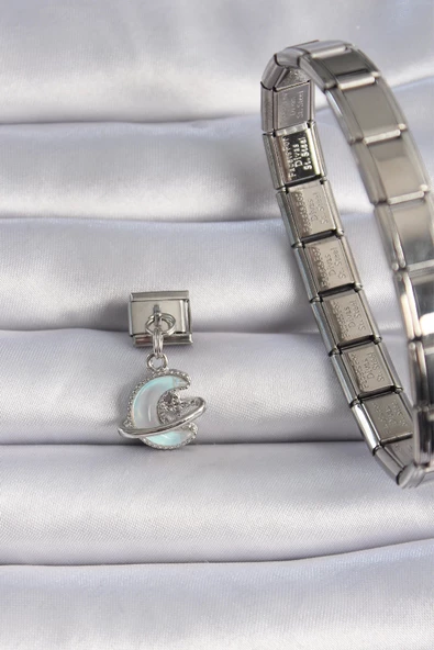 MuI MuI 316L Çelik Gümüş Renk Sallantılı Mavi Mineli Hilal Figür Zirkon Taş Detaylı Nomination Charm - 2