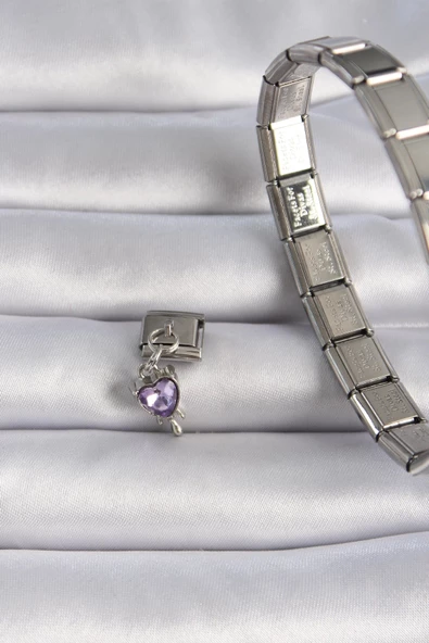 MuI MuI 316L Çelik Gümüş Renk Sallantı Mor Zirkon Taşlı Kalp Figür Nomination Charm - 2