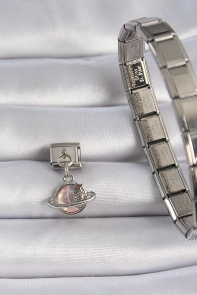 MuI MuI 316L Çelik Gümüş Renk Pembe Mineli Hilal Yıldız Figür Zirkon Taşlı Nomination Charm - 2