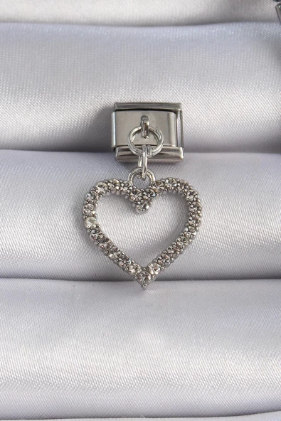 MuI MuI 316L Çelik Gümüş Renk Zirkon Taşlı Sallanılı Kalp Figür Nomination Charm