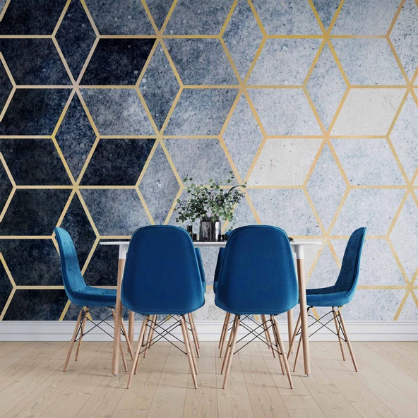 Lacivert Beyaz Geometrik Mermer Desenli Duvar Kağıdı - 5