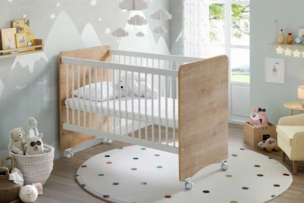 Babywhen BW1026 - Pratik Kademeli Tekerlekli Bebek Beşik Ahşap 60x120 - 3