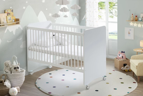 Babywhen Tekerlekli Anne Yanı Kademeli Bebek Beşiği - Bebek Yatağı - Park Yatak - Beyaz - 60x120 Cm Bw1025 - 3