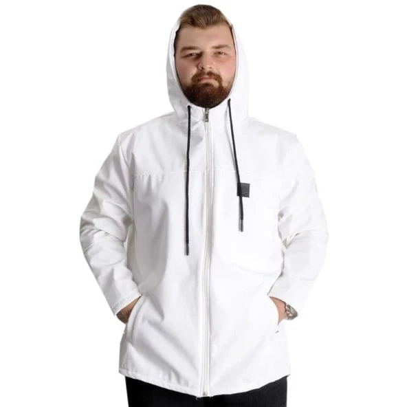 Büyük Beden Erkek Kapüşonlu Mont Waterproof Softshell 21235 Beyaz