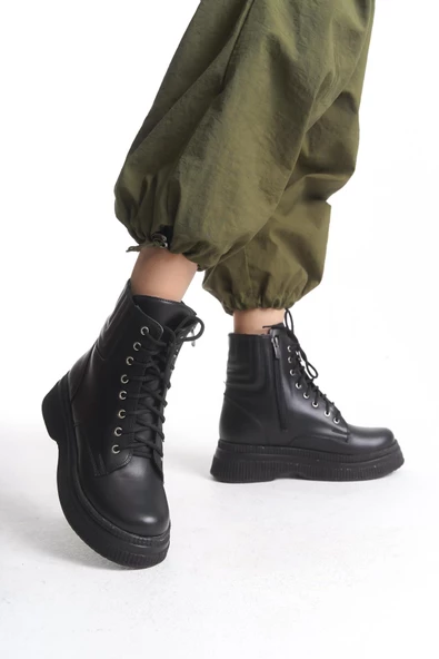 Kadın Yüksek Taban Kısa Bot Fermuarlı Bağcıklı Günlük Kadın Bot - Resim 6