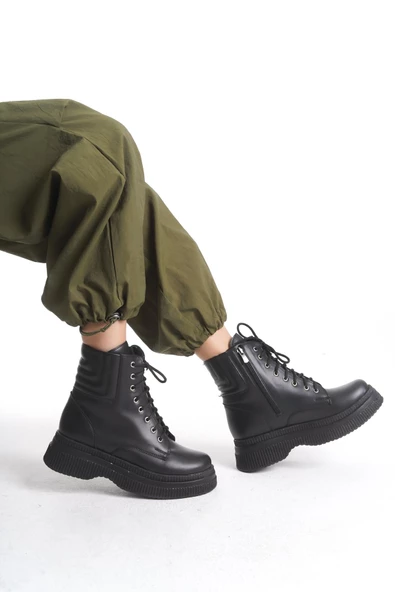 Kadın Yüksek Taban Kısa Bot Fermuarlı Bağcıklı Günlük Kadın Bot - Resim 5