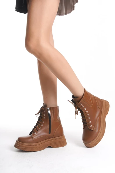 Kadın Yüksek Taban Kısa Bot Fermuarlı Bağcıklı Günlük Kadın Bot - Resim 10