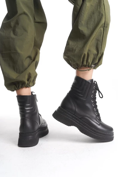 Kadın Yüksek Taban Kısa Bot Fermuarlı Bağcıklı Günlük Kadın Bot - Resim 7