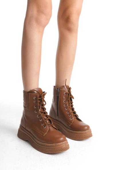 Kadın Yüksek Taban Kısa Bot Fermuarlı Bağcıklı Günlük Kadın Bot - Resim 11