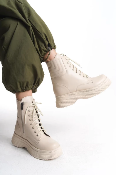 Kadın Yüksek Taban Kısa Bot Fermuarlı Bağcıklı Günlük Kadın Bot - Resim 3