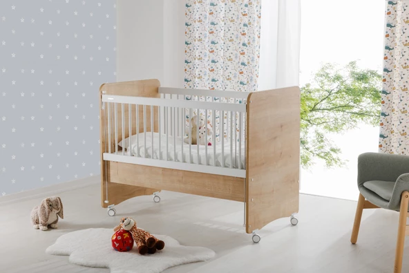 Babywhen BW1066 - Pratik Kademeli Anne Yanı Tekerlekli Bebek Beşik Ahşap 60x120 - 2