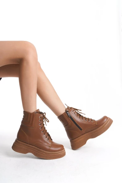 Kadın Yüksek Taban Kısa Bot Fermuarlı Bağcıklı Günlük Kadın Bot - Resim 9