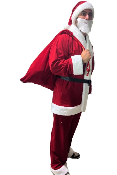 Lüx 6 Parça Noel BABA Kostümü - İthal Rachel ve Kürklü Kumaştan... - 7
