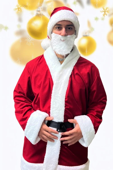 Lüx 6 Parça Noel BABA Kostümü - İthal Rachel ve Kürklü Kumaştan... - 3