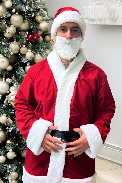 Lüx 6 Parça Noel BABA Kostümü - İthal Rachel ve Kürklü Kumaştan... - 2