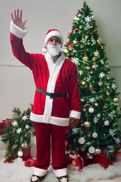 Lüx 6 Parça Noel BABA Kostümü - İthal Rachel ve Kürklü Kumaştan... - 5