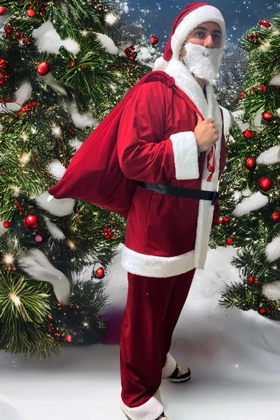 Lüx 6 Parça Noel BABA Kostümü - İthal Rachel ve Kürklü Kumaştan... - 4