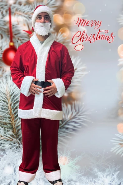 Lüx 6 Parça Noel BABA Kostümü - İthal Rachel ve Kürklü Kumaştan... - 8