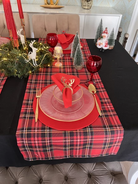 yılbaşı kırmızı ekoseli runner 43x135 cm dikdörtgen sofra noel yeniyıl sunum - 4