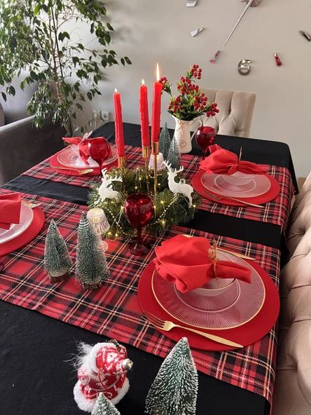 yılbaşı kırmızı ekoseli runner 43x135 cm dikdörtgen sofra noel yeniyıl sunum - 3