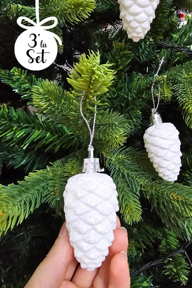 Beyaz Simli Kozalak Şeklinde Yılbaşı Ağacı Süsü Beyaz Kozalak Yılbaşı Ağaç Süsü 3lü Paket - Resim 3