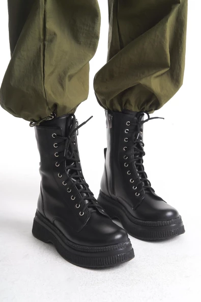 Kadın Kalın Tabanlı Bağcıklı Fermuarlı Günlük Tam Kalıp Platform Taban Bot - 6