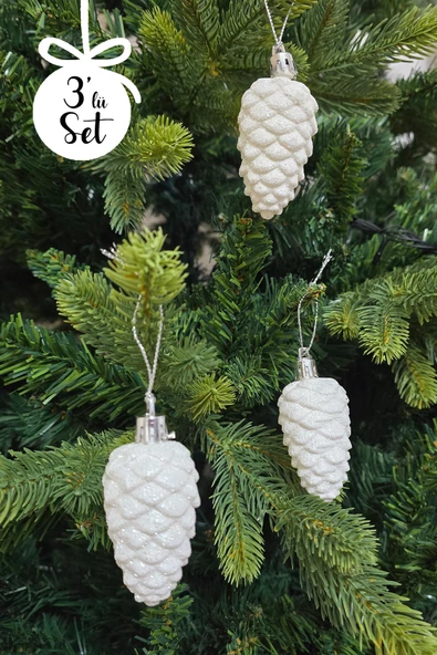Beyaz Simli Kozalak Şeklinde Yılbaşı Ağacı Süsü Beyaz Kozalak Yılbaşı Ağaç Süsü 3lü Paket - Resim 2