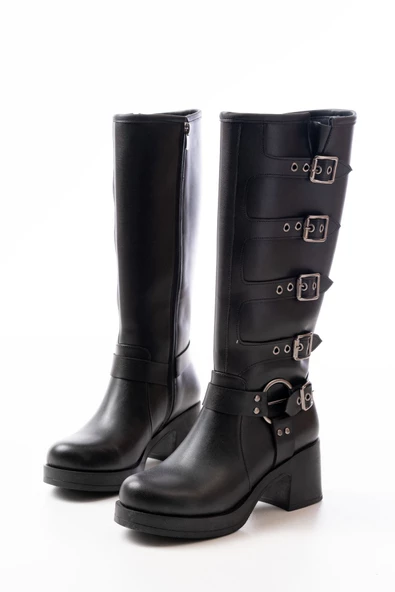 Siyah Topuklu Fermuarlı Toka Aksesuarlı Günlük Kadın Çizme - 2