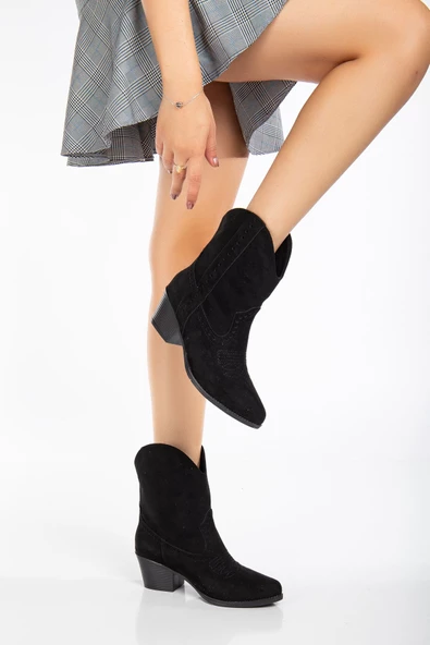 Seyuna Siyah Süet Nakışlı Western Kovboy Bot - Resim 4