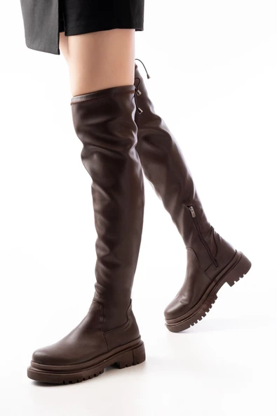 Kahverengi Fermuarlı Diz Üstü Bağcıklı Çorap Günlük Kadın Çizme - Resim 4