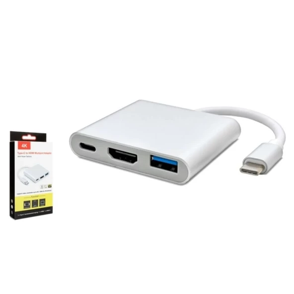 Hadron HDX7764 Type-C - USB 3.0 + Type-C + HDMI 4K 30Hz 3in1 Dönüştürücü Adaptör - Gri