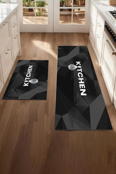 Valerine Life Kitchen Siyah Mutfak Matı Halısı Yıkanır Kaymaz Taban Tezgah Önü Paspası İkili Set - 2