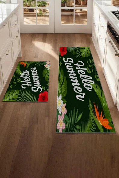 Valerine Life Hello Summer Yeşil Mutfak Matı Halısı Yıkanır Kaymaz Taban Tezgah Önü Paspası İkili Set - 2