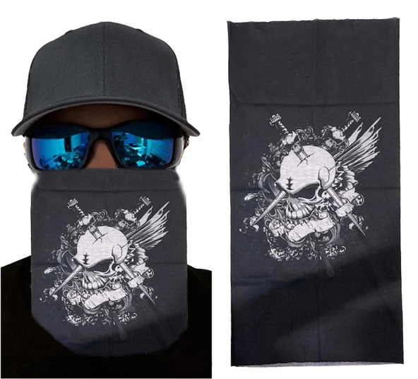 Siyah Renk Üzeri Likralı Beyaz Kafatası Kuru Kafa Baskılı Baf Buff Bandana 25x48 cm