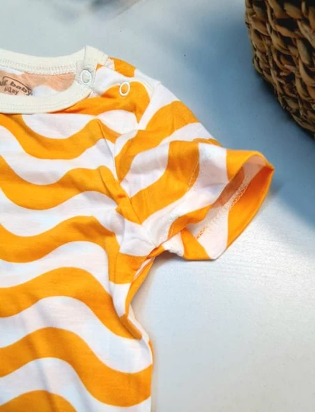 Bebek Yazlık Kısa Kol Şort Tek Parça Çıtçıtlı Tulum Zıbın %100 Pamuk Turuncu Dalga - Resim 4