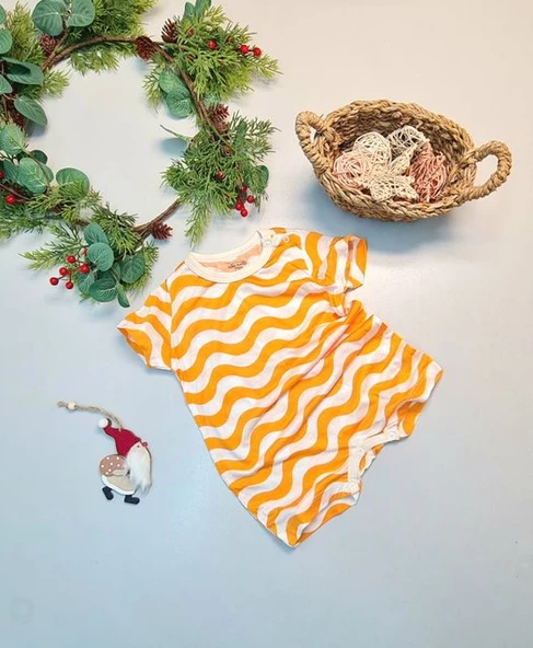 Bebek Yazlık Kısa Kol Şort Tek Parça Çıtçıtlı Tulum Zıbın %100 Pamuk Turuncu Dalga - Resim 2