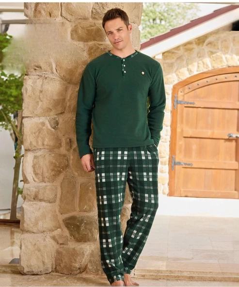 Pijamoni Erkek Düğme Yaka Kışlık Polar Pijama Takımı 6100/2 - 1 Adet  Yeşil 2XL