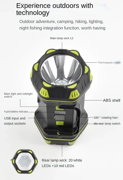 F-262 Yeni Güçlü Çift Taraflı Taşınabilir Spot Ve Işıldak Usb Powerbank Şarjlı Fener - Resim 2