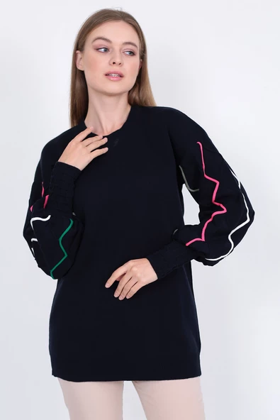 Kadın Triko Kazak Kolu Çizgili Koyu Lacivert - Resim 7